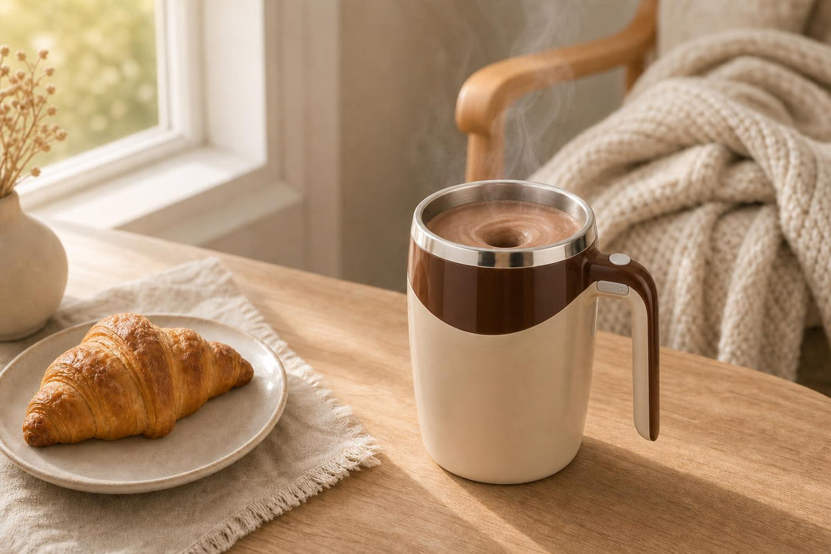 Self-stirring mug with hot cocoa on the breakfast table