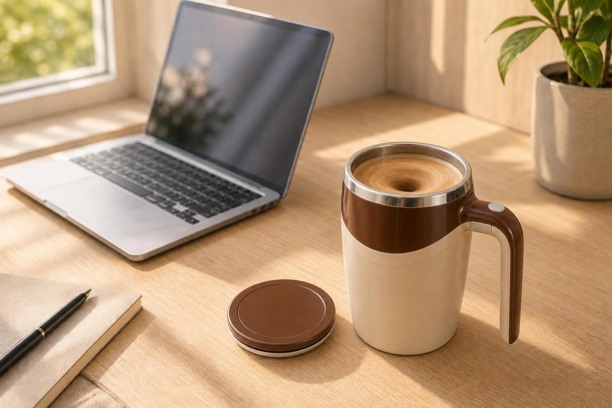 Self-stirring mug with coffee on a desk next to a laptop