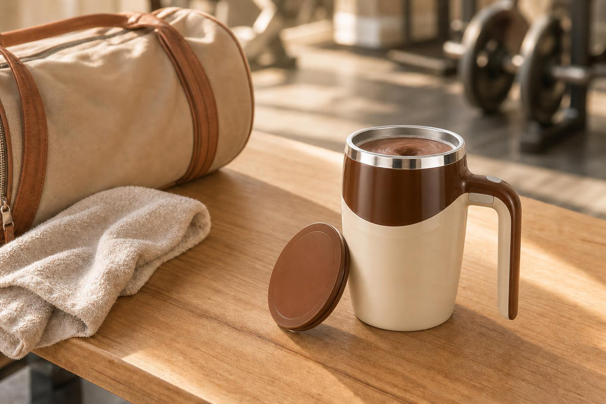 Self-stirring mug with a protein shake next to a gym bag