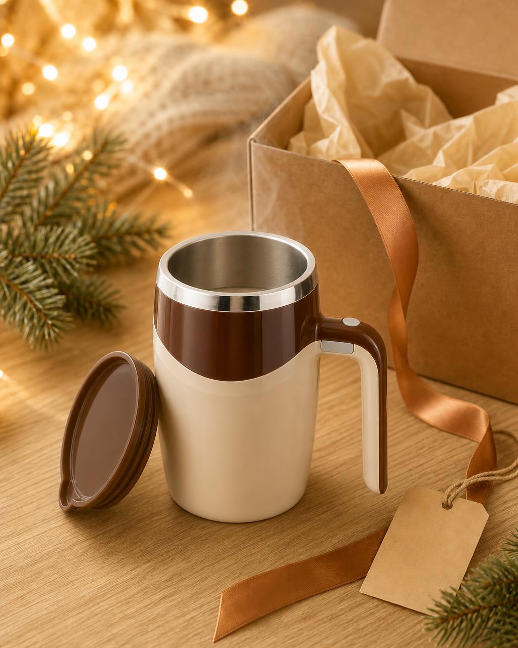 Self-stirring mug next to a Christmas gift box