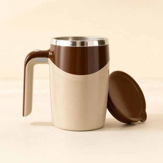 Self-stirring mug in cream & coffee with its lid